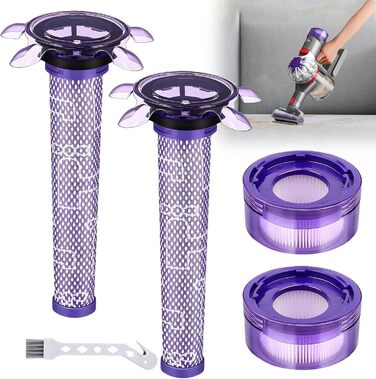 Комплекти фільтрів V8 для Dyson V8 Absolute/Animal, в т.ч. 2 HEPA, 2 фільтри попереднього очищення, 1 щітка для чищення, 2