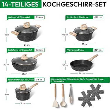 Набір індукційних каструль і сковорідок, 14 шт. , без PTFE/PFOA, з кришкою, чорний