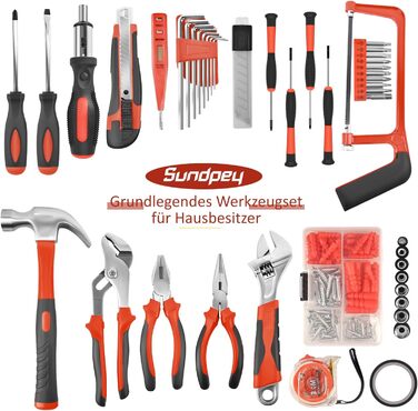 Набір інструментів Sundpey 148 предметів у кейсі: універсальний набір для дому з викруткою-тріскачкою, шестигранниками, плоскогубцями та тестером напруги для чоловіків і жінок (червоний)