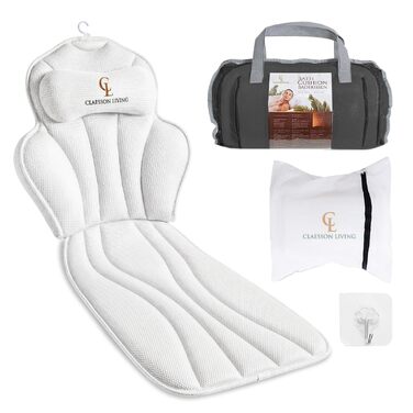 Подушка для ванни повне тіло (152x56 см) з підголівником (11 см) - біла. Підтримка шиї, спини та ніг. З сумкою для прання та подорожей, гачком для сушіння.
