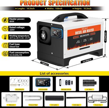 Дизельний обігрівач Diesel Air Heater 8 кВт з дистанційним керуванням та LCD дисплеєм 12/24/110-240 В, Bluetooth, для автодому, автомобіля, причепа