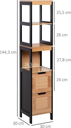 Полиця для ванної кімнати Kleankin, тумба для ванної з 2 ящиками, 3 полиці, бамбуковий МДФ, 30x30x144.3 см