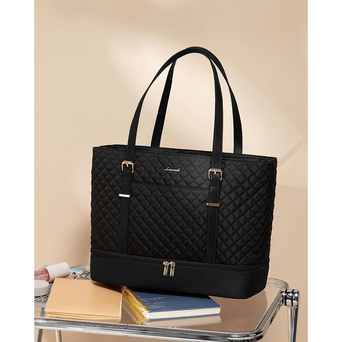 Сумка для ноутбука LOVEVOOK 15.6 дюймів для жінок з відділенням для ланчу, сумка-шопер, ділова сумка, портфель, сумка для навчання, містка, водонепроникна, чорна