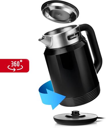 Електричний чайник LEHMANN з нержавіючої сталі 2L, 2200W, швидкий нагрів, подвійні стінки, автовимкнення та захист від перегріву, BPA-free, для великих сімей та офісів, чорний