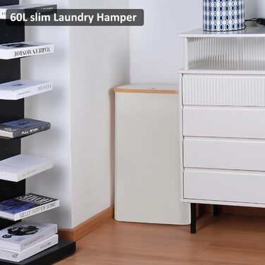 Кошик для білизни Merkisa 60 л з кришкою, високий, з бамбуковим ручками (Бежевий)