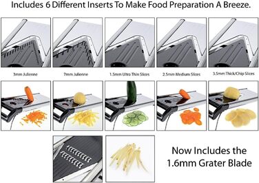 Мандоліна для нарізання овочів Chef's INSPIRATIONS з V-подібною лезою, овочевий терт, слайсер та джигунер. В комплекті 6 насадок, щітка для чищення та захисний рукавичка. Нержавіюча сталь.