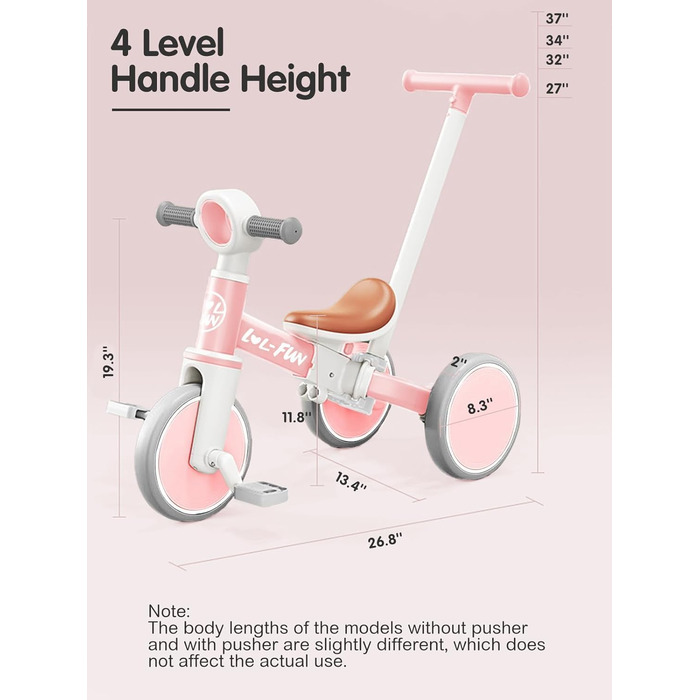 Дитячий біговел-триколіс LOL-FUN 5-в-1 з ручкою, рожевий - для хлопчиків та дівчаток від 1 року