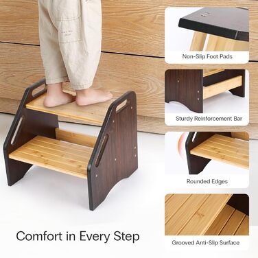 Сходинка StrongTek з бамбука для дітей та дорослих, 38 см, антиковзні сходинки, 160 кг, портативна дерев'яна сходинка з бічними ручками для ванної та кухні