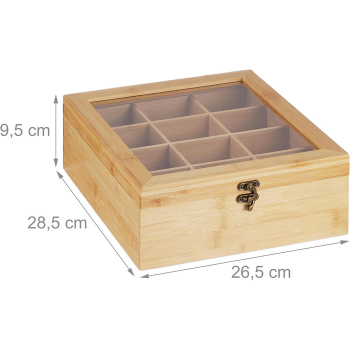 Коробка для чаю Relaxdays, 12 відділень, бамбук, 9,5x26,5x28,5 см, капсули для чаю та кави, кришка, природа