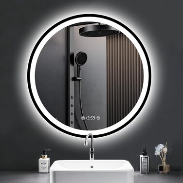 Дзеркало кругле PESENXAN 70см з чорною рамою та підсвічуванням. Антизапарник, диммер, 3 кольори світла, LED, енергозбереження, сенсорна кнопка, функція пам'яті. 60x60 см