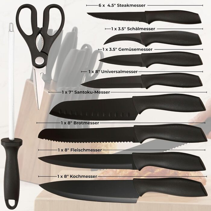 Набір ножів кухонних 15 шт. з дерев'яним блоком (з ножицями та точилкою). Набір ножів з блоком з масиву акації