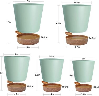 5 горщиків з пластику з системою поливу, 17.8/16.5/15.2/13.9/12.7 см. Самополивні кашпо з підставкою. Круглі горщики для квітів, сукулентів, кактусів. Для дому, балкона, саду. Зелений, коричневий колір.