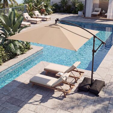 Парасолька від сонця COSTWAY 250x250 см з підставкою та LED-підсвіткою, квадратна садова парасолька з ручкою-курбою, UV-захист, бежева