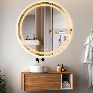 Дзеркало для ванної кімнати з підсвічуванням, 60 см, кругле, з антизапарюючим покриттям, регульоване, 3 кольори світла (80x80 см)