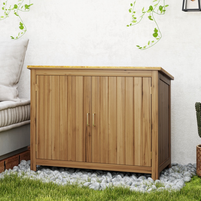 Outsunny Садова шафа з дерева, Садовий сарай стійкий до погодних умов 110x50x85см, Садовий сарай з дверима, Моноскатний дах, Полиці, Садова шафа, Садовий сарай Шафа для інструментів Садовий сарай для саду Патіо Задній двір, коричневий