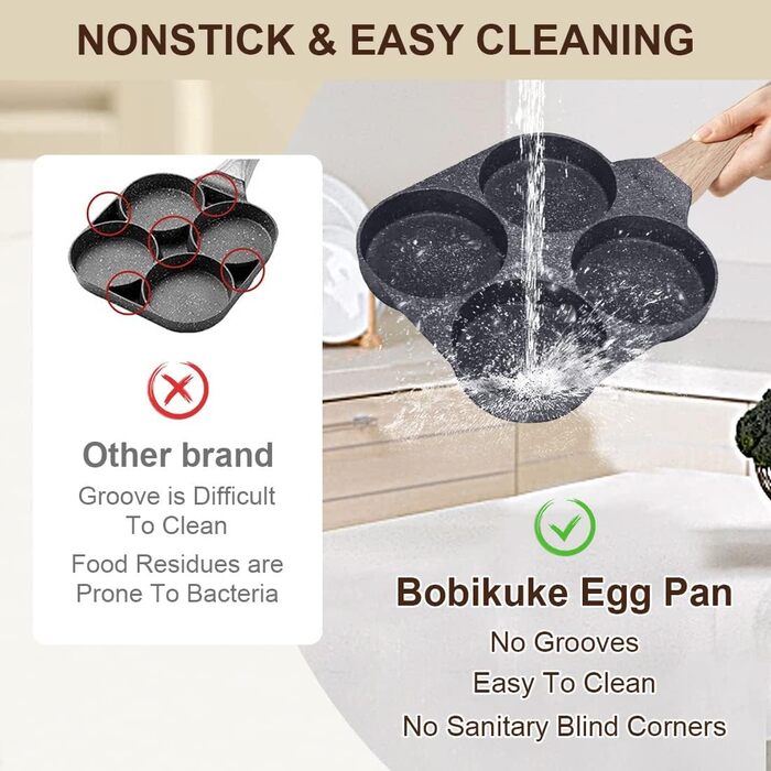 Сковорода для яєць Bobikuke, 4 чашки, з антипригарним покриттям, для сніданків, млинців, газової та індукційної варильної поверхні, без PFOS (чорна)