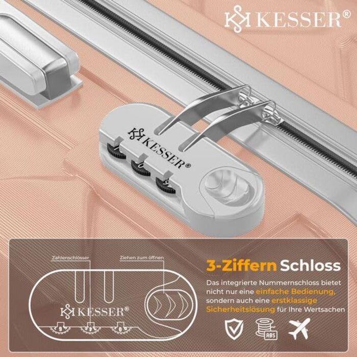 Набір валіз KESSER® 3 шт. | Валізи з ABS-пластику з кодовим замком, ваговою системою та органайзером для документів, 360° обертання | Ручна поклажа та великі валізи для подорожей та бізнесу (Нюдовий сірий)