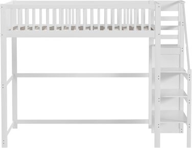 Ліжко-горище Merax для односпального матраца 140x200 см з шафою та сходами, масивне дерево, білий колір (без матраца)