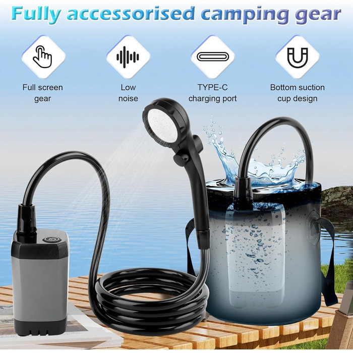 Портативна душова кабіна для кемпінгу з акумулятором та насосом, 6000mAh. Модель для відпочинку, подорожей, автомийки. З набором душової лійки та шлангом, складаний бак.