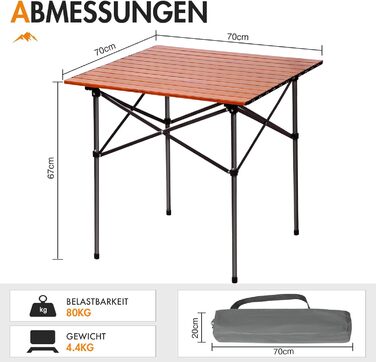 Складаний кемпінговий стіл PORTAL з алюмінієвою стільницею, навантаження до 80 кг, з сумкою-чохлом для пікніка, гриля, саду та балкона, коричневий