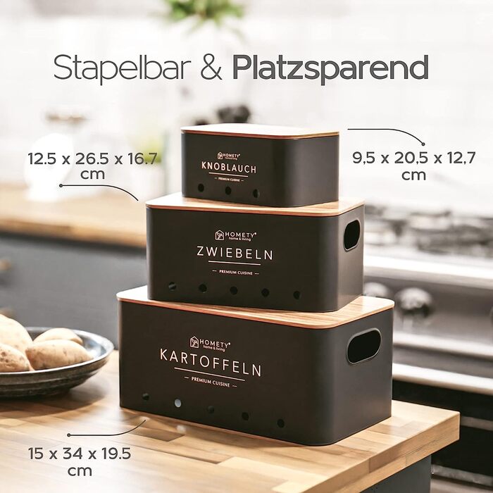 Набір контейнерів для зберігання картоплі, цибулі та часнику [3 шт] - Зберігає овочі свіжими довше (Чорний)