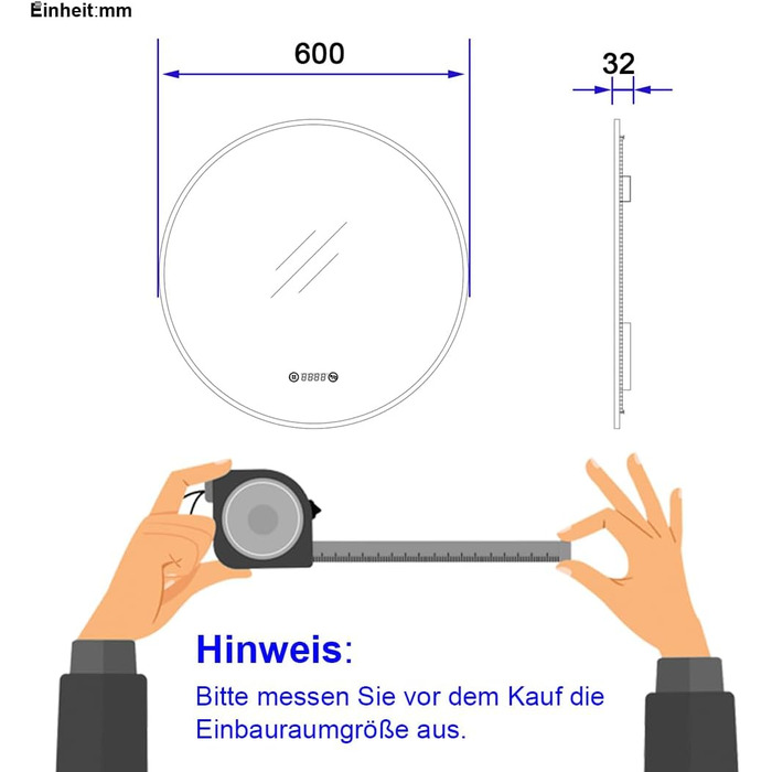 LED дзеркало для ванної кімнати EMKE, діаметр 80 см, з підсвіткою, сенсорне керування, антизапар, годинник, температура, регулювання яскравості, пам'ять, нейтральне світло, чорний колір, зелений каркас (60x60 см)