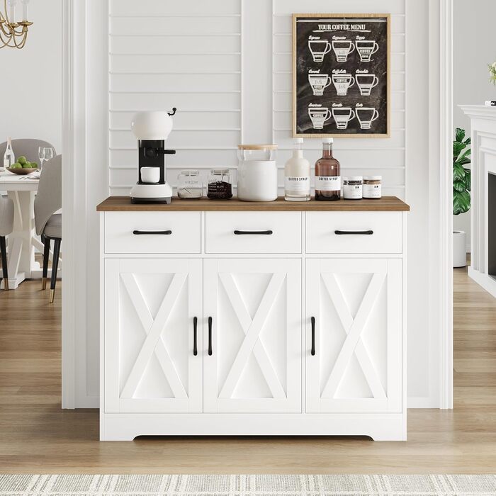 Сайдборд HOCSOK: кухонна шафа з 3 висувними ящиками та 3 дверцятами, буфет з робочою поверхнею, для кухні, їдальні, вітальні, дерево, білий & коричневий