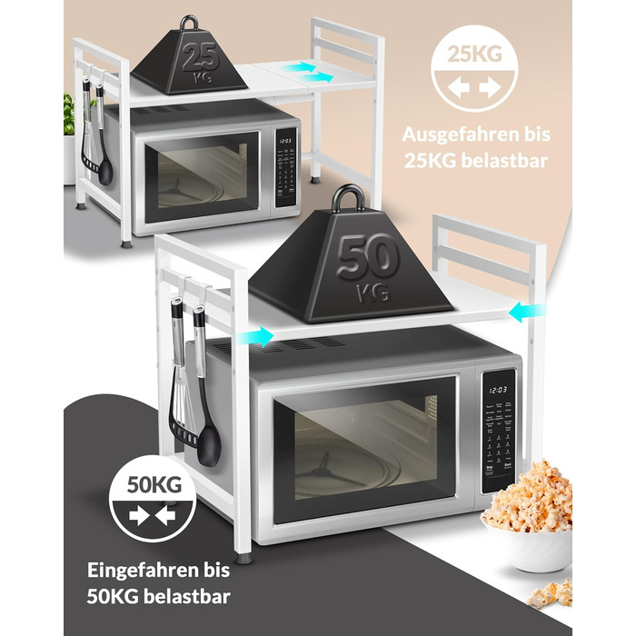 Стійка для мікрохвильової печі та кухонні полиці з нержавіючої сталі, 2-ярусна | Стійка для мікрохвильовки, полиця для зберігання, полиця для пекаря, регульована висота та довжина | З інструкцією у відеоформаті та гачками (Білий)