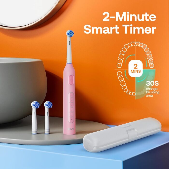 Електрична зубна щітка Bitvae з 8 насадок для дорослих та дітей, кейс для подорожей, 5 режимів, таймер 2 хвилини, 60 днів роботи, (Червона R1H3, Рожева)