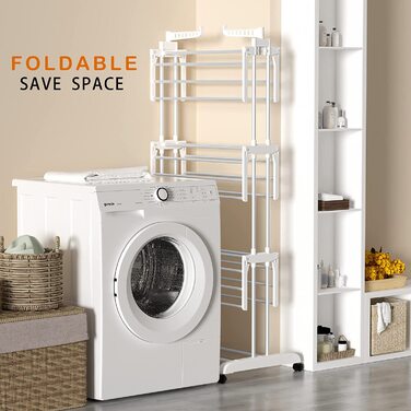 Сушарка для білизни SIMPDIY вертикальна баштового типу, розкладна сушарка з 6 крилами та 2 бічними панелями на колесах для дому та вулиці, біла