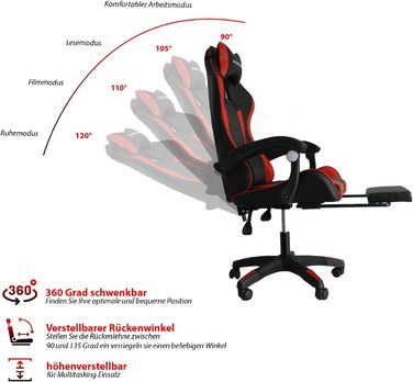 Ігрове крісло Fashcolle для кіберспорту та гоночних ігор-ергономічне офісне крісло для ПК з висувною підставкою для ніг-офісне крісло з підголівником і поперековою подушкою (червоний)