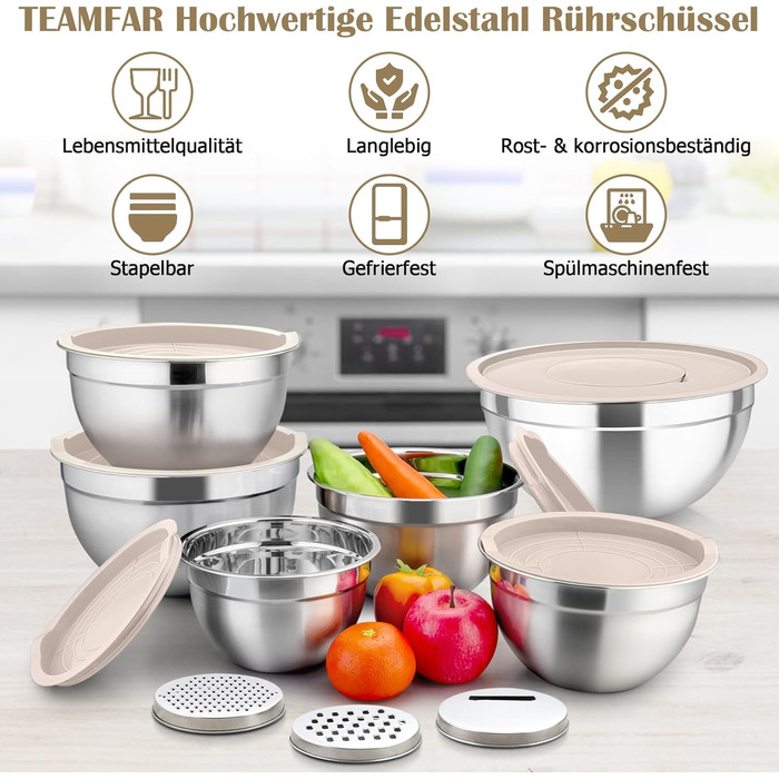 Набір салатниць TEAMFAR 6 шт. з нержавіючої сталі з кришками та силіконовими ніжками, 0,7L / 1,5L / 1,6L / 2,5L / 2,8L / 4,6L, багатофункціональний, для миття в посудомийній машині, з терками