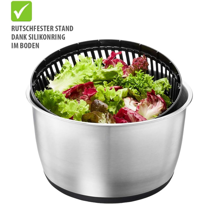 Салатниця GEFU з кришкою для зберігання, 3л, пластикова чаша з вбудованим ситом та ручним приводом, чорно-сіра
