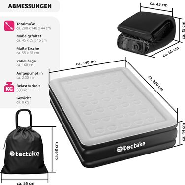 Надувна матрац Tectake для відпочинку та кемпінгу, 200 x 148 x 44 см, з електропомпою та сумкою для перенесення