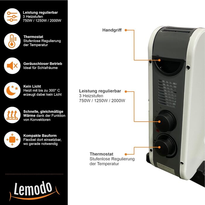 Мобільний електричний обігрівач LEMODO - енергозберігаючий конвекторний обігрівач - електричний обігрівач з 3 рівнями потужності - обігрівач без газу - надійний електричний радіатор (750 Вт / 1 250 Вт / 2 000 Вт) (2 шт. и, стандарт)