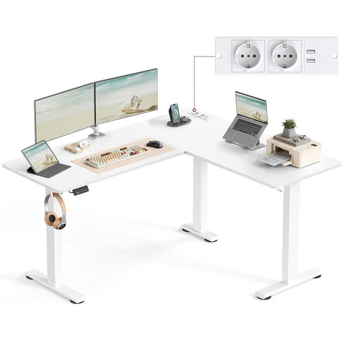 Електричний кутовий стіл VASAGLE з регулюванням висоти, 140 x 160 см, з підзарядкою, пам'ять висоти (2 положення), для офісу, білий (вохрений + матовий)