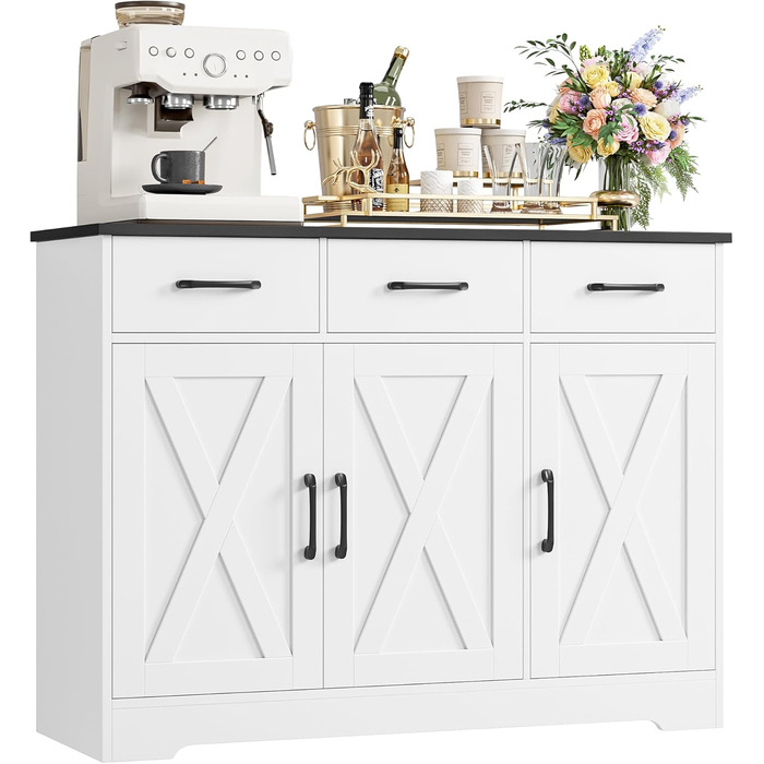 Сервант HOCSOK з 3 шухлядами та 3 дверцятами для кухні, буфет з робочою поверхнею, для вітальні, їдальні, з дерева, білий & коричневий (білий & чорний)