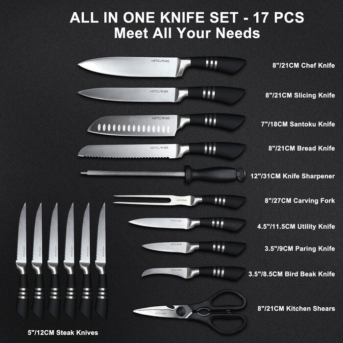 Набір кухонних ножів Kitkanis 17 предметів з бруском, професійний, з нержавіючої сталі, з кухонними ножицями та точильним бруском, з масивного дерева