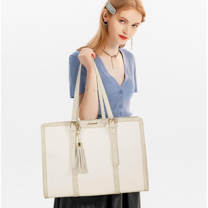 Сумка для ноутбука LOVEVOOK 15.6 дюймів для жінок: велика, на плечі, кросбоді, shopper, з канвасу, елегантна, для офісу, роботи, подорожей (бежева)