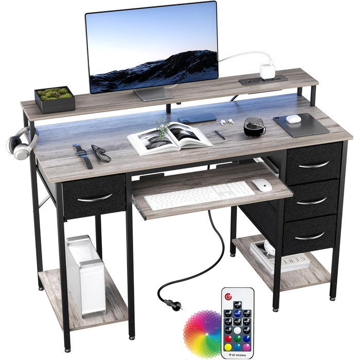 Ігровий стіл BEXEVUE з розетками та LED-підсвіткою 120x50 см. Сучасний комп'ютерний стіл з підставкою для клавіатури, 4 висувними ящиками та великою полицею для навчання, ігор та роботи. Колір: Pure Gray