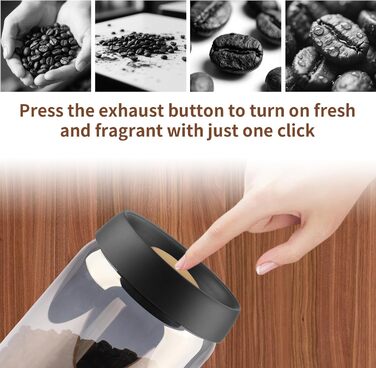 Герметичний контейнер для кави на 1,2 л зі скла, вакуумний, з чорною кришкою та золотою кнопкою. Підходить для кави, чаю, горіхів.