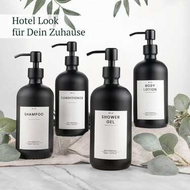 Набір дозаторів для мила MONOKO (4 шт.) чорного матового скла, 500 мл | Дозатори для шампуню, мила, кухні | Нержавіюча сталь, насосна головка | з наліпками