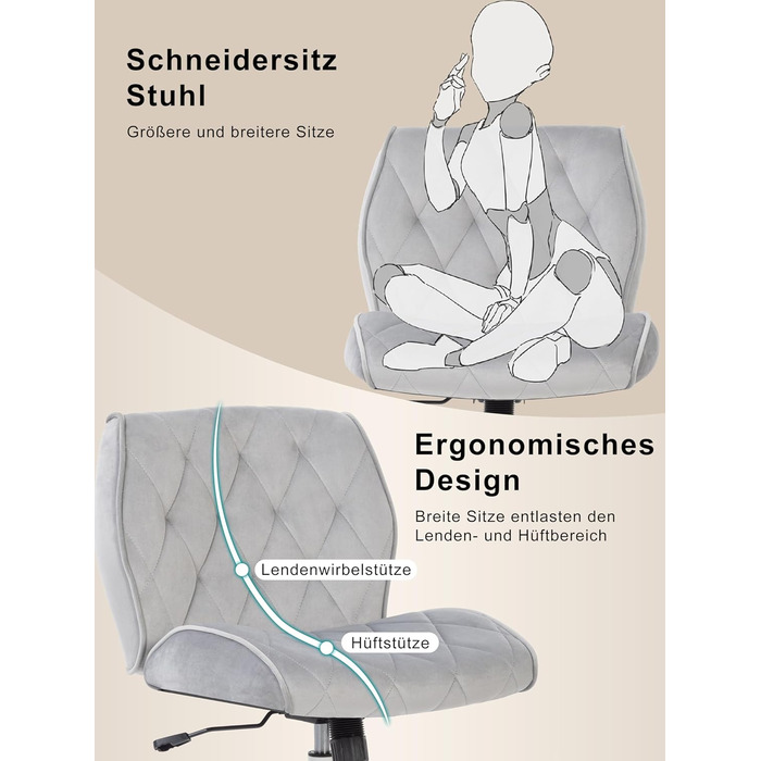 Крісло для дому та офісу Symino з регульованою висотою, функцією гойдання 12°, обшите штучною замшею, до 150 кг, сірий колір