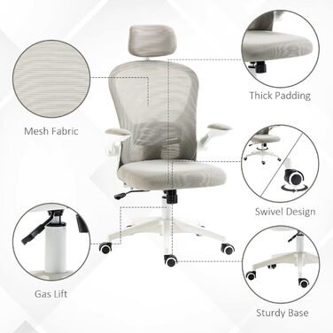 Офісне крісло Vinsetto з високою спинкою, сітчаста тканина, комп'ютерне крісло з обертовою підголівником, 4D поперекова підтримка, відкидні підлокітники, регульована висота, Білий (Сірий)
