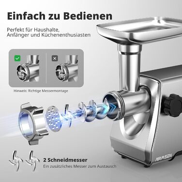 Електрична м'ясоподрібнювач AIRMSEN з насадкою для ковбас, 2 леза з нержавіючої сталі, 3 диски, аксесуар Куб, тихий промисловий двигун, для дому, нержавіюча сталь