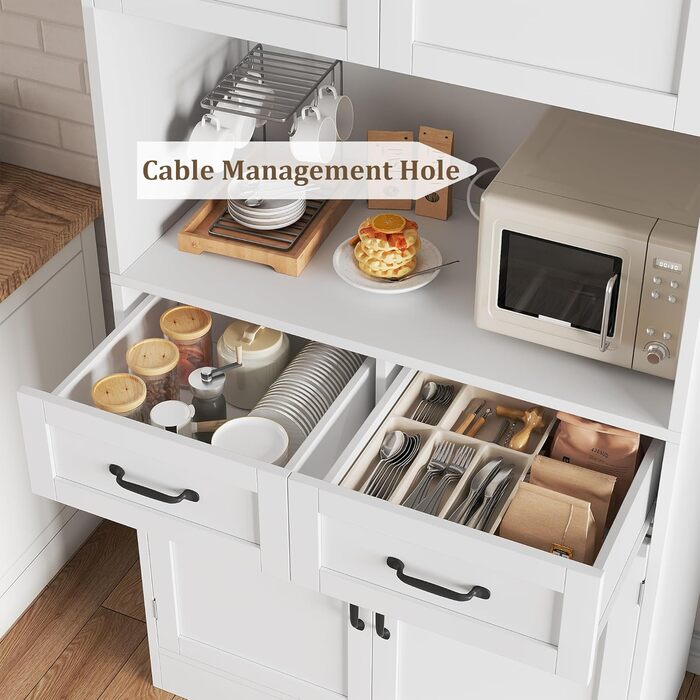 Кухонна шафа HOCSOK 180 см: буфет з робочою поверхнею, шафа для зберігання з 4 дверцятами та 2 ящиками, висока шафа-багатоцільова з регульованою полицею, білий