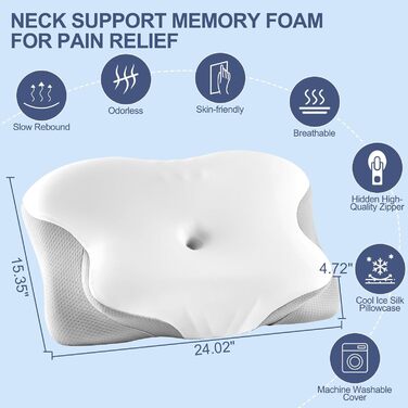 Ортопедична подушка для шиї Donama з memory foam, для сну та зняття болю в шиї та плечах, ергономічна подушка для сну на боці, спині та животі, білий/сірий колір, розмір 61x39x12 см