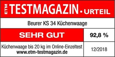 Кухонні ваги Beurer KS 34, точне зважування до 15 кг, функція тари, дисплей Magic LED, чорний