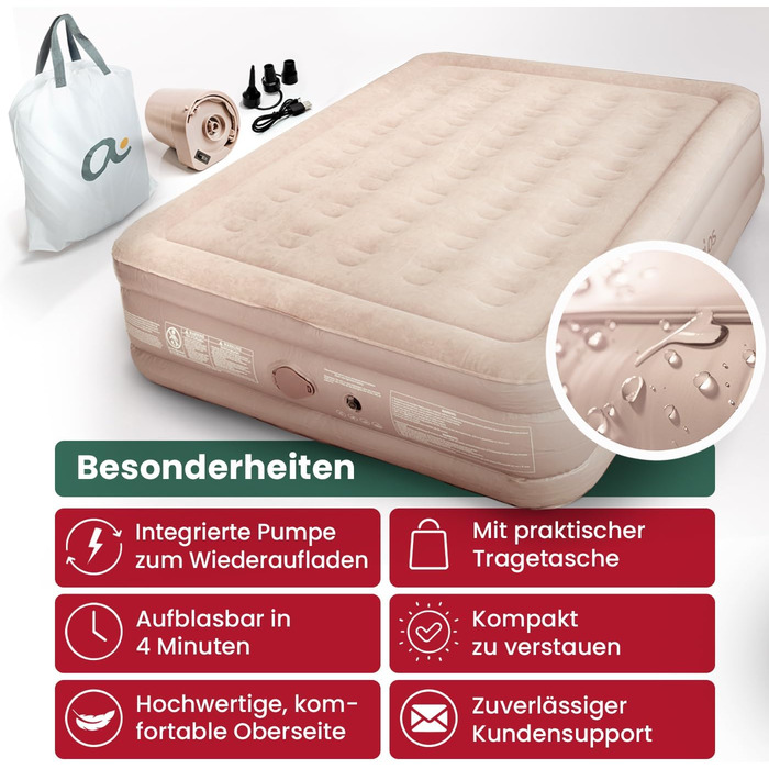 Надувне ліжко для 2 осіб - самонадувна повітряна матрац | Преміум гостьове ліжко без кабелю живлення - вбудований USB-C насос | Надувне ліжко - виберіть розмір зараз! (Бежевий, двоспальне)