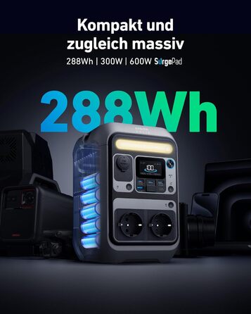 Портативна електростанція Anker SOLIX C300: 288Wh LiFePO4, 300W (макс. 600W), сонячний генератор, 140W швидка зарядка. Для кемпінгу, подорожей, надзвичайних ситуацій. (Сонячна панель опціонально)